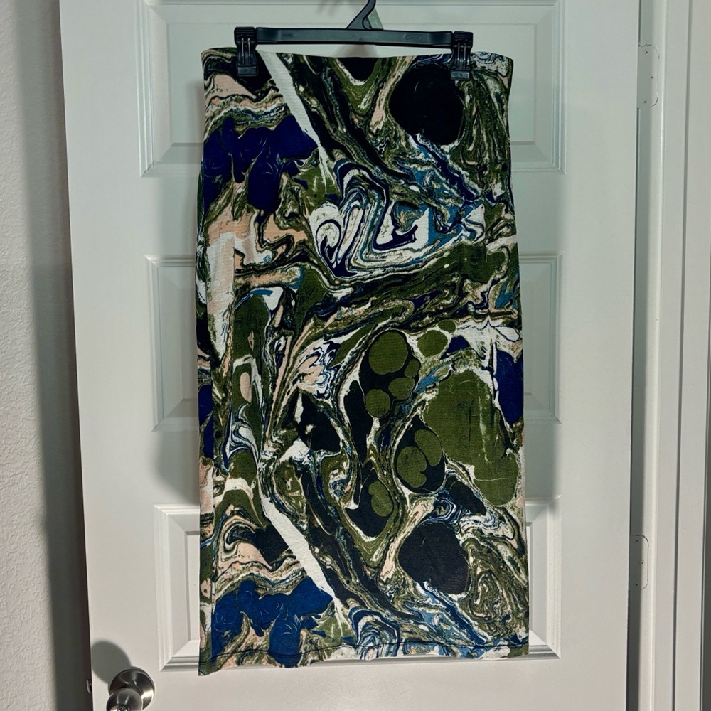 Rachel Comey Olive, Navy & Cream Marble-Print Pencil Skirt SZ L Pull on Midi